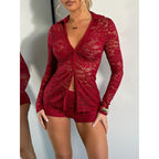 Damen Transparente Spitzenbluse mit knöpfbarem Ausschnitt und langem Arm R&B