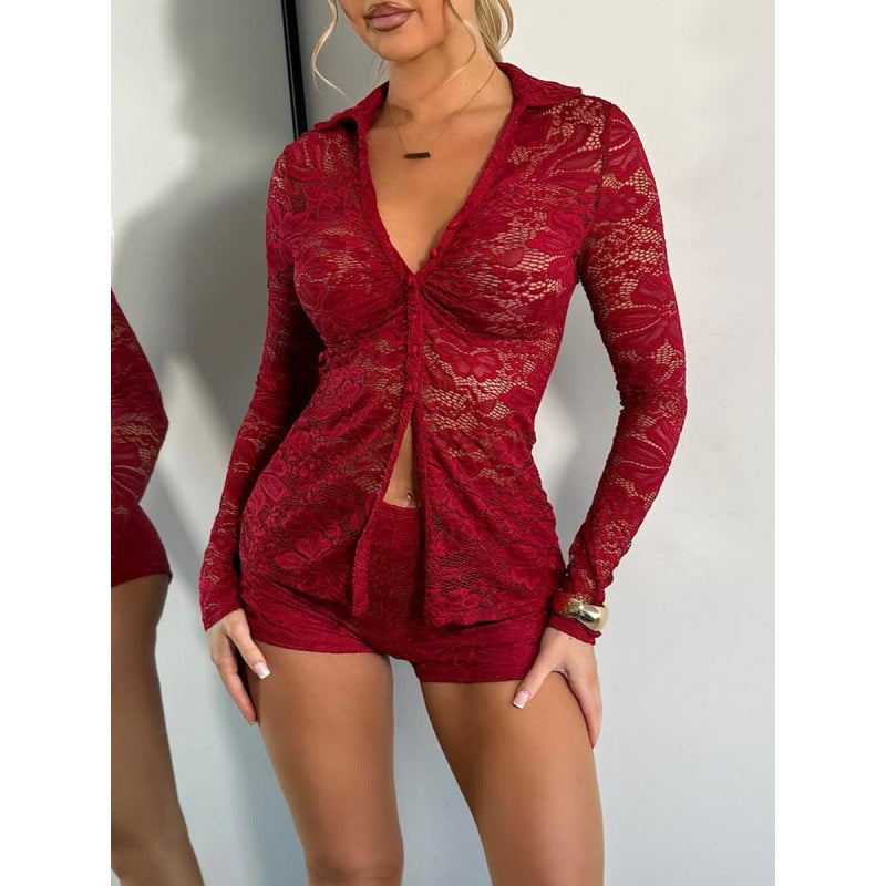 Damen Transparente Spitzenbluse mit knöpfbarem Ausschnitt und langem Arm R&B