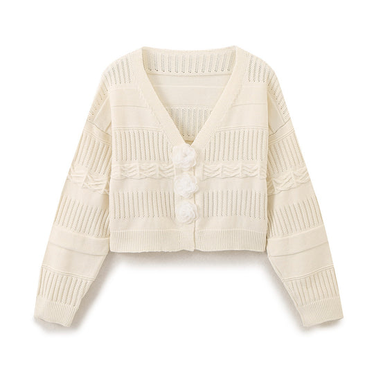 Damen modische Strickjacke mit romantischen Blumenknöpfen und lässigem Schnitt R&B