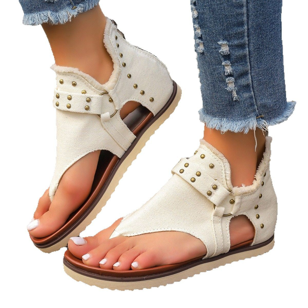 Damen modische Zehentrenner-Sandalen mit hochwertigem Kunstleder und dekorativen Nieten R&B