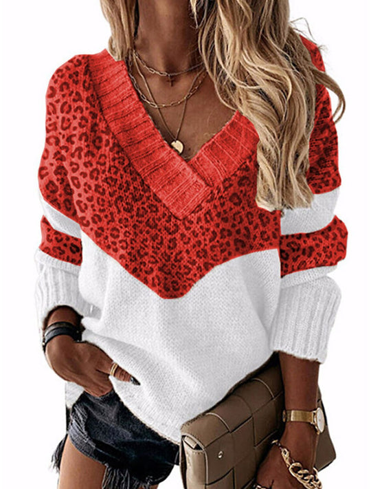 Damen V-Ausschnitt Pullover mit Leopardenmuster R&B