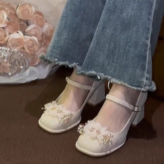 Damen zarte Mary Jane Pumps mit luftiger Blumenverzierung R&B
