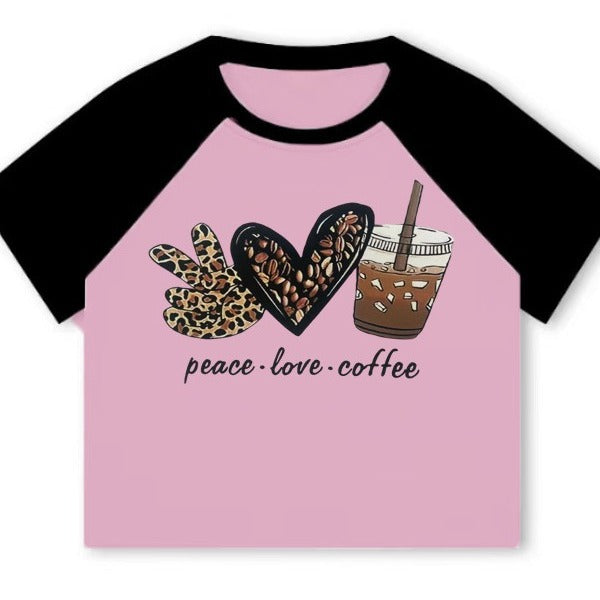 Damen Crop-T-Shirt mit kreativem Kaffee-Motiv und lässiger Passform R&B