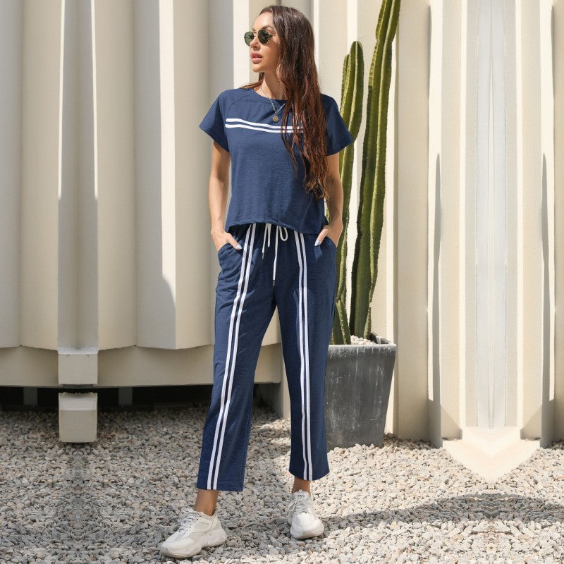 Damen Freizeit-Set mit sportlichen Streifen und elastischem Bund R&B
