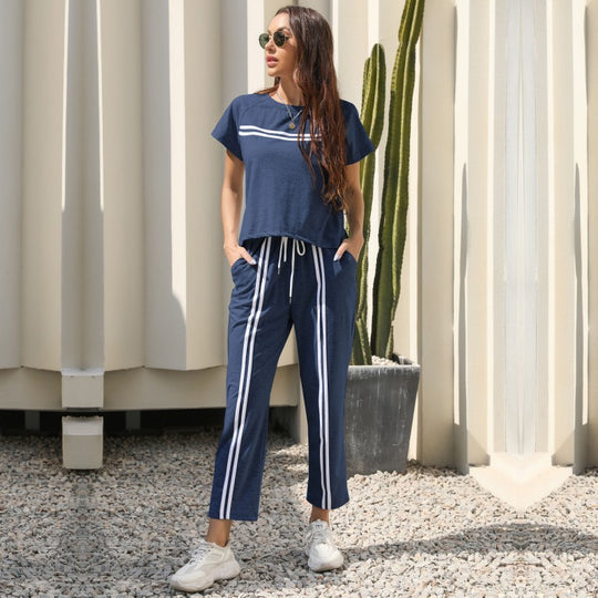 Damen Freizeit-Set mit sportlichen Streifen und elastischem Bund R&B