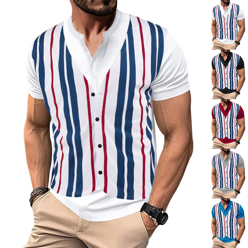 Herren Kurzarm-Henley-Shirt mit gestreiftem Design und modernem Schnitt R&B