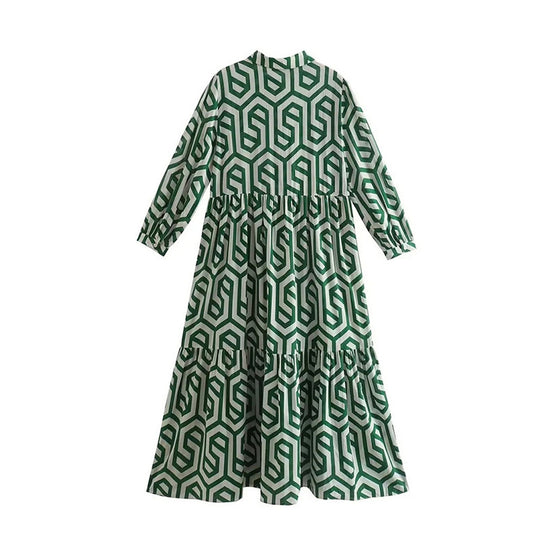 Damen nan langes Hemdkragen-Stufenkleid mit geometrischem Alloverprint und geraffter Taillenpasse R&B