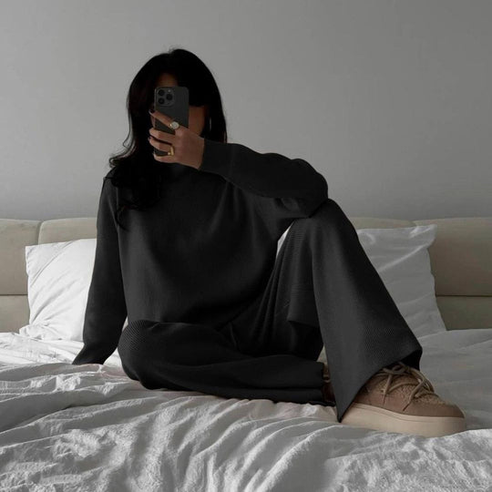 Damen elegantes und lässiges Strickset mit hochgeschlossenem Kragen R&B