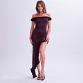 Damen Off-Shoulder Maxi-Kleid mit Rüschendetails und asymmetrischem Saum