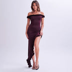 Damen Off-Shoulder Maxi-Kleid mit Rüschendetails und asymmetrischem Saum