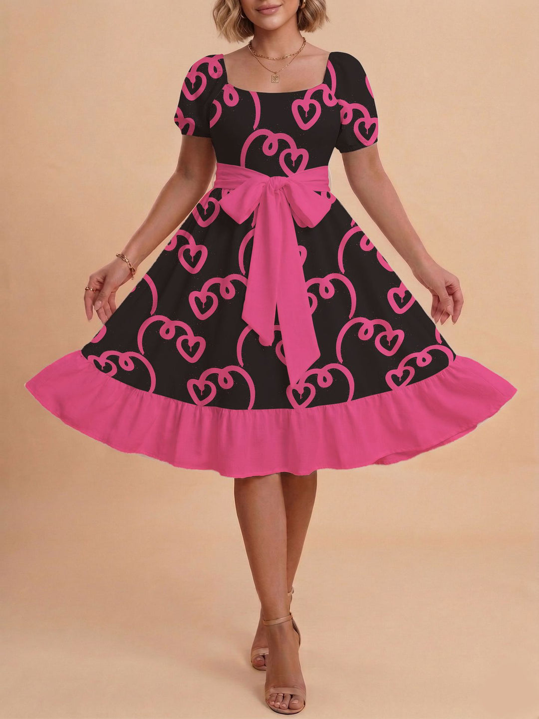 Damen Midikleid mit verspieltem Druck und tailliertem Schnitt R&B