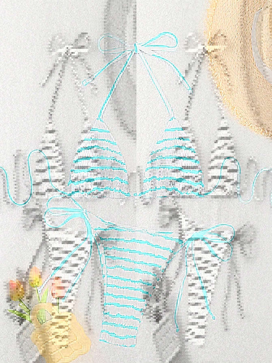 Damen Triangel-Bikini mit feinem Streifenmuster und raffinierten Bindebändern R&B