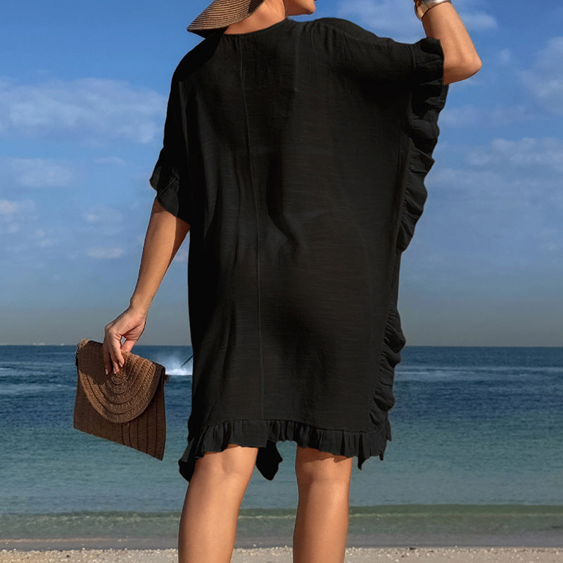 Damen Strandtunika mit elegantem Häkelbesatz und Rüschendetails R&B