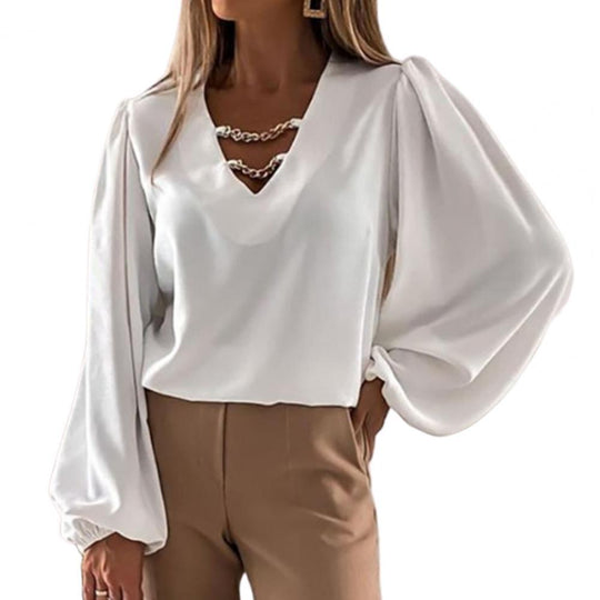 Damen elegante Puffärmelbluse mit Kettendetail R&B
