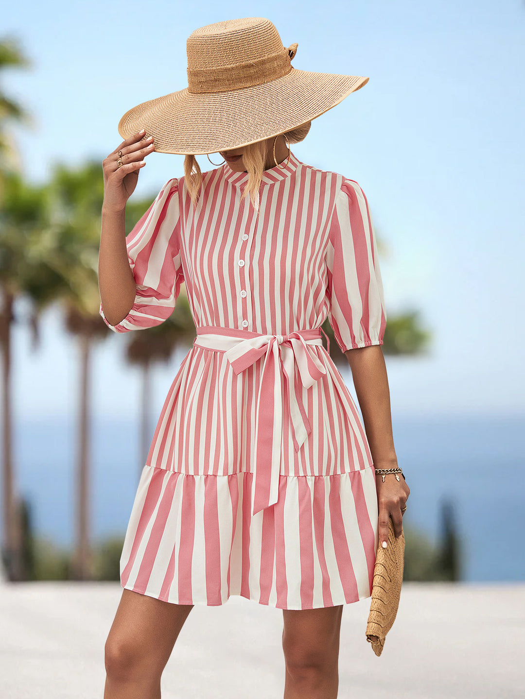 Damen Hemdblusenkleid mit gestreiftem Design und tailliertem Gürtel R&B