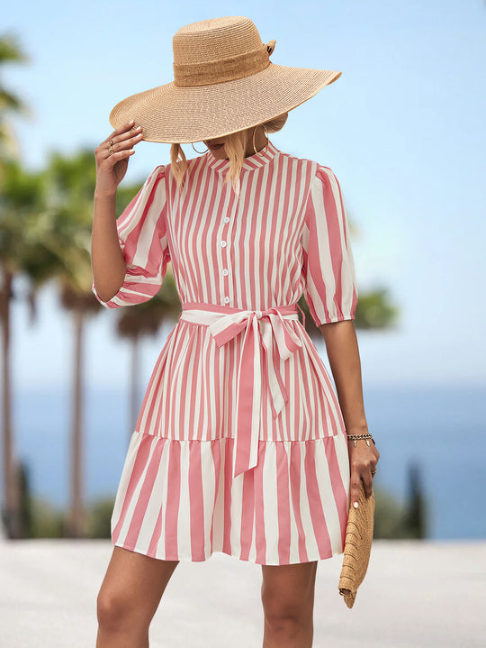 Damen Hemdblusenkleid mit gestreiftem Design und tailliertem Gürtel R&B