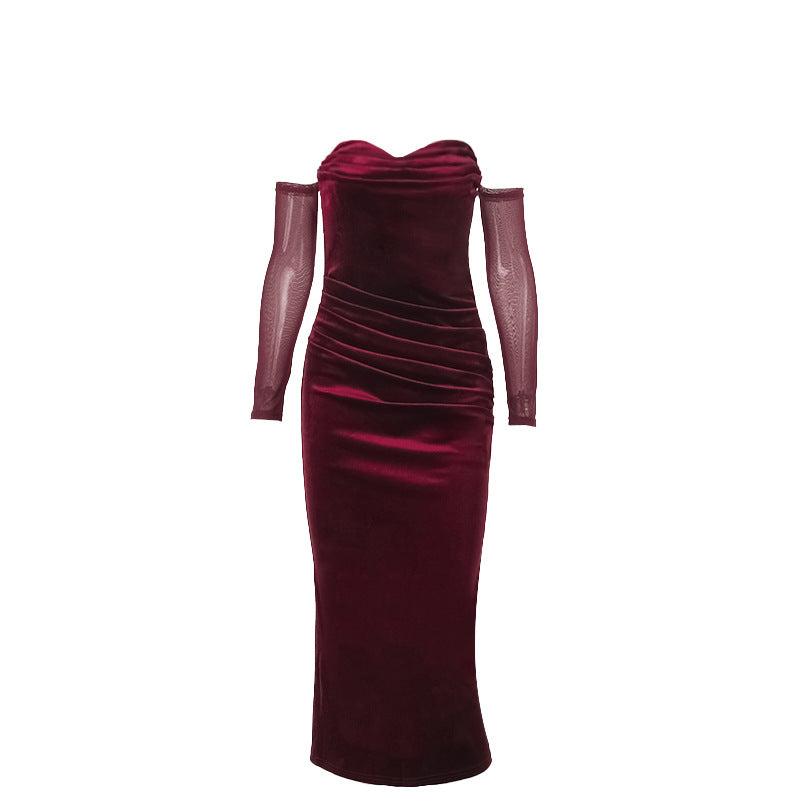 Damen figurbetontes Midi-Kleid mit transparenten Ärmeln und Rüschendetails R&B