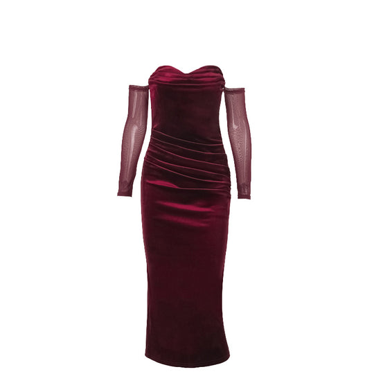 Damen figurbetontes Midi-Kleid mit transparenten Ärmeln und Rüschendetails R&B