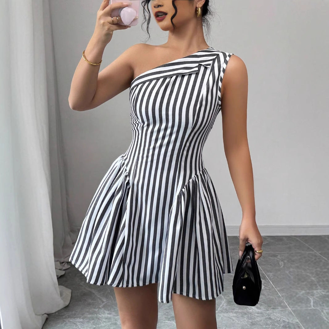 Damen Schulterfreies Streifen-Kleid mit eleganten Falten R&B