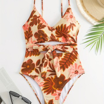 Damen Eleganter Blumenmuster Einteiler Badeanzug R&B