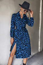 Damen Midi-Kleid mit modernem Leopardenmuster und elegantem Schlitz R&B