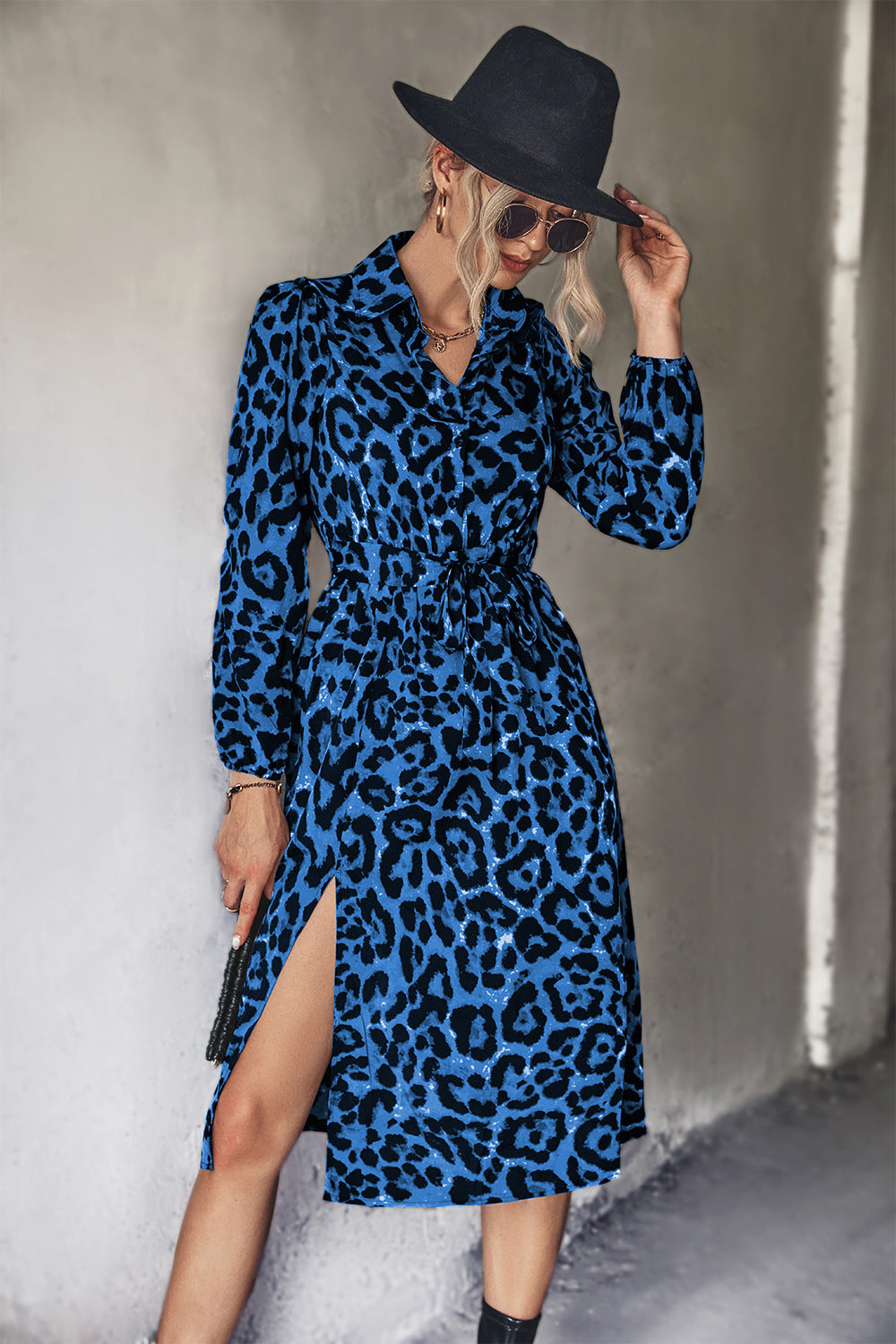 Damen Midi-Kleid mit modernem Leopardenmuster und elegantem Schlitz R&B