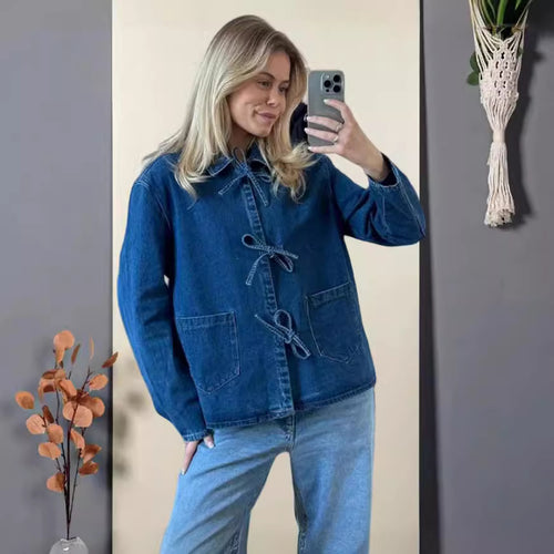 Damen Jeansjacke mit dekorativen Schleifen und praktischen Taschen R&B