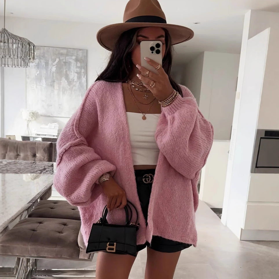 Damen oversized Strickjacke mit lässigen Ballonärmeln und strukturiertem Material R&B