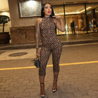 Damen Figurbetonter Jumpsuit mit Leopardenmuster und hochgeschlossenem Ausschnitt R&B