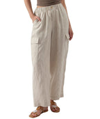Damen lässige Leinen-Cargo-Hose mit hohen Taschen und elastischem Bund R&B