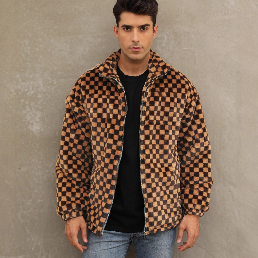 Herren Plüschjacke mit Karo-Muster und hohem Kragen R&B
