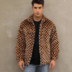 Herren Plüschjacke mit Karo-Muster und hohem Kragen R&B