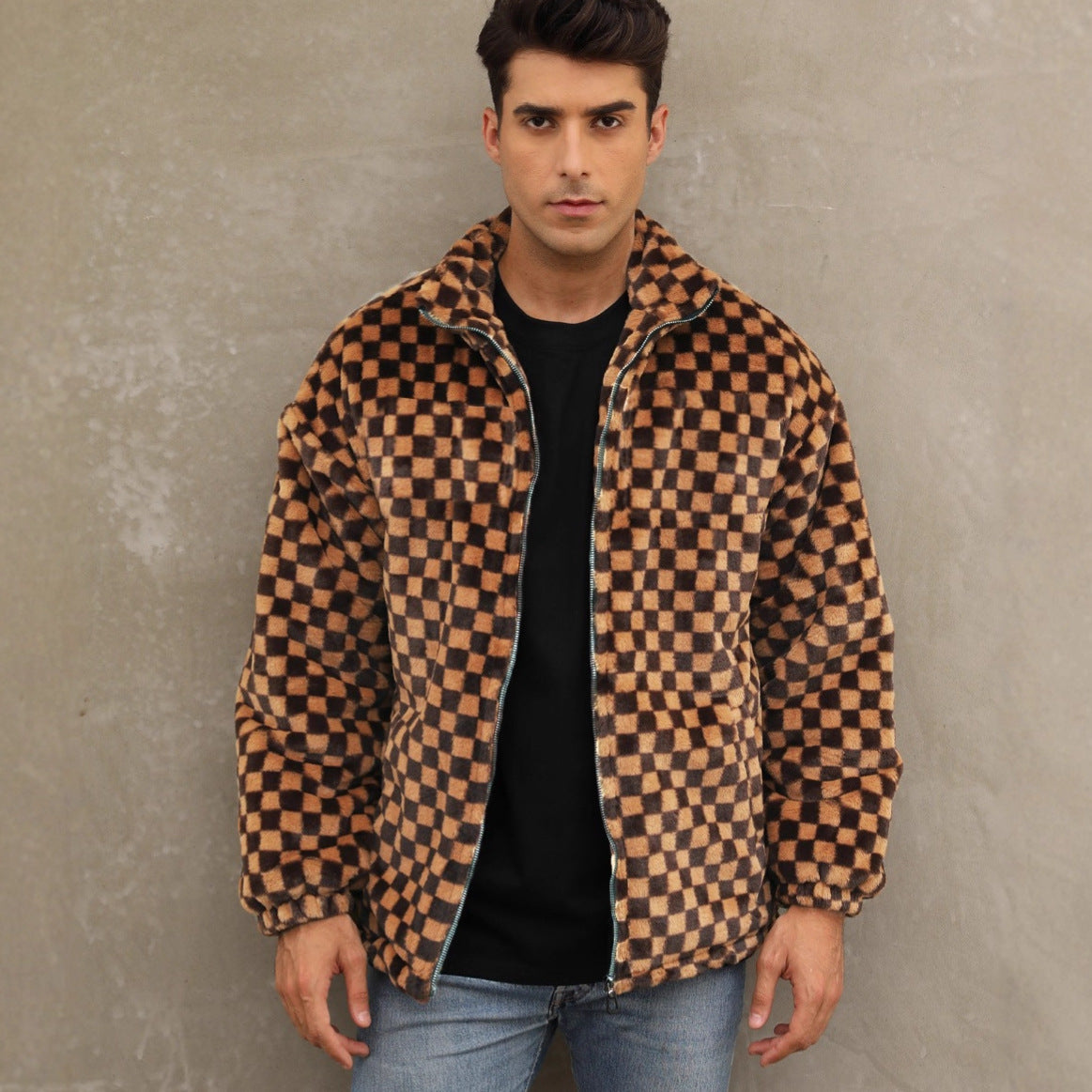 Herren Plüschjacke mit Karo-Muster und hohem Kragen R&B