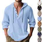 Herren nan lässiges Kapuzen-Henley Leinenmix Overshirt mit Kordelzug R&B