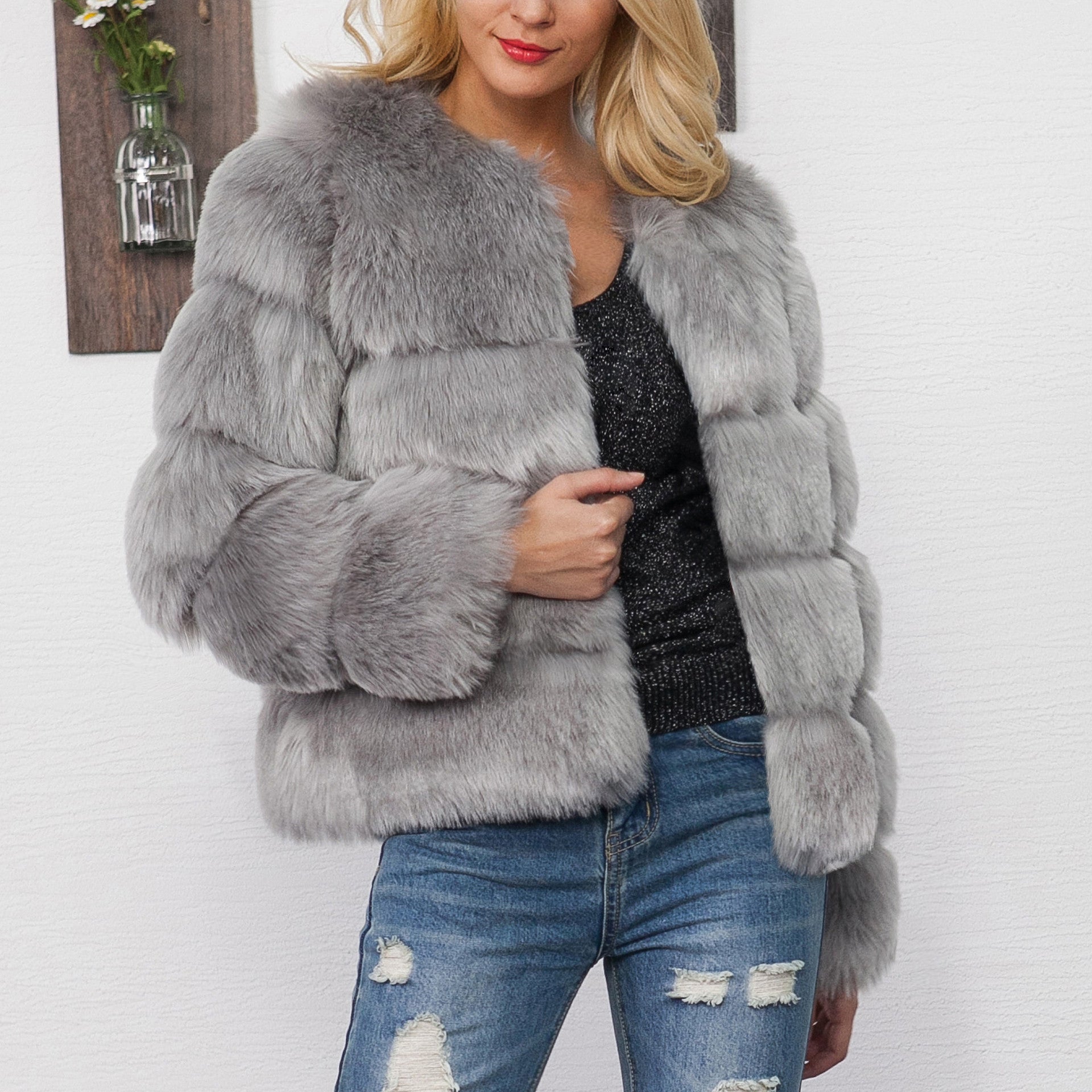 Damen Flauschige Kunstpelzjacke mit voluminösen Ärmeln und elegantem Schnitt R&B