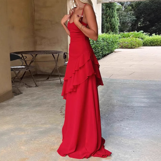 Damen Elegantes Maxikleid mit asymmetrischem Rüschensaum und spaghetti Trägern R&B
