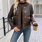 Damen Kurz geschnittene Texturjacke mit verdeckten Knöpfen und Taschen R&B
