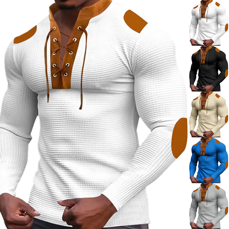 Herren Langarm-Henley-Shirt mit strukturiertem GewR&Be und modischem Schnürdesign R&B