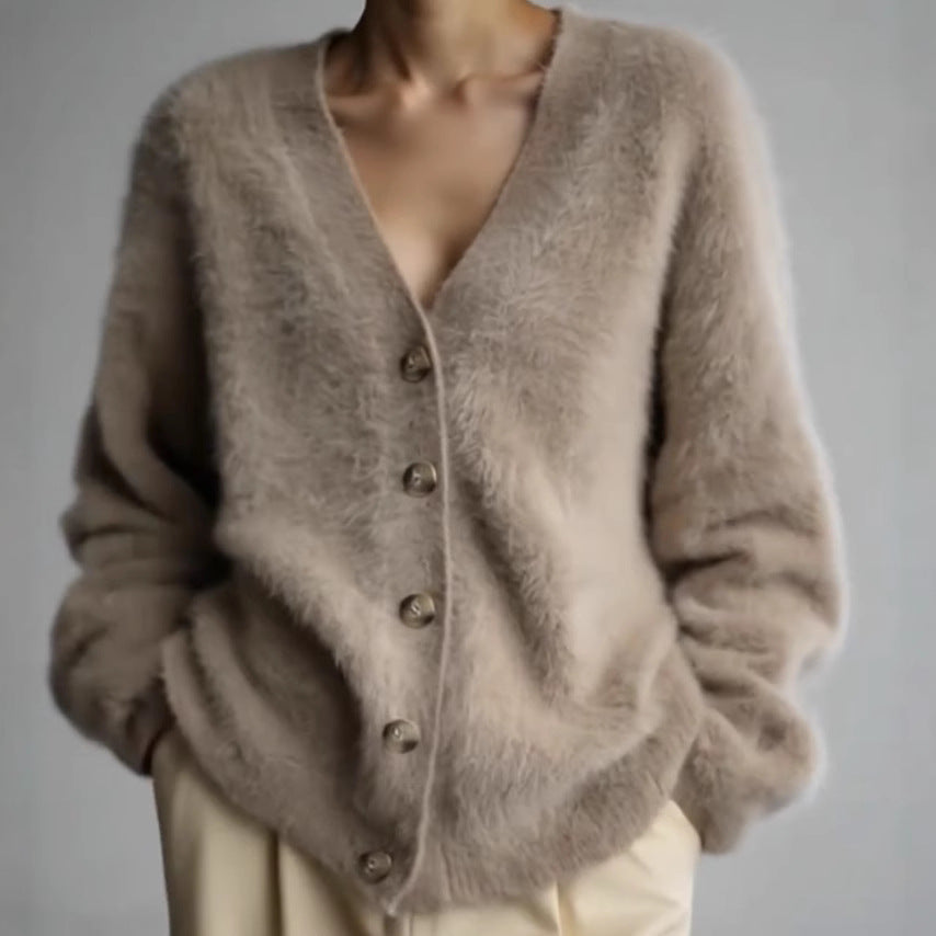 Damen Flauschiger Cardigan mit eleganten Knöpfen und weiter Passform