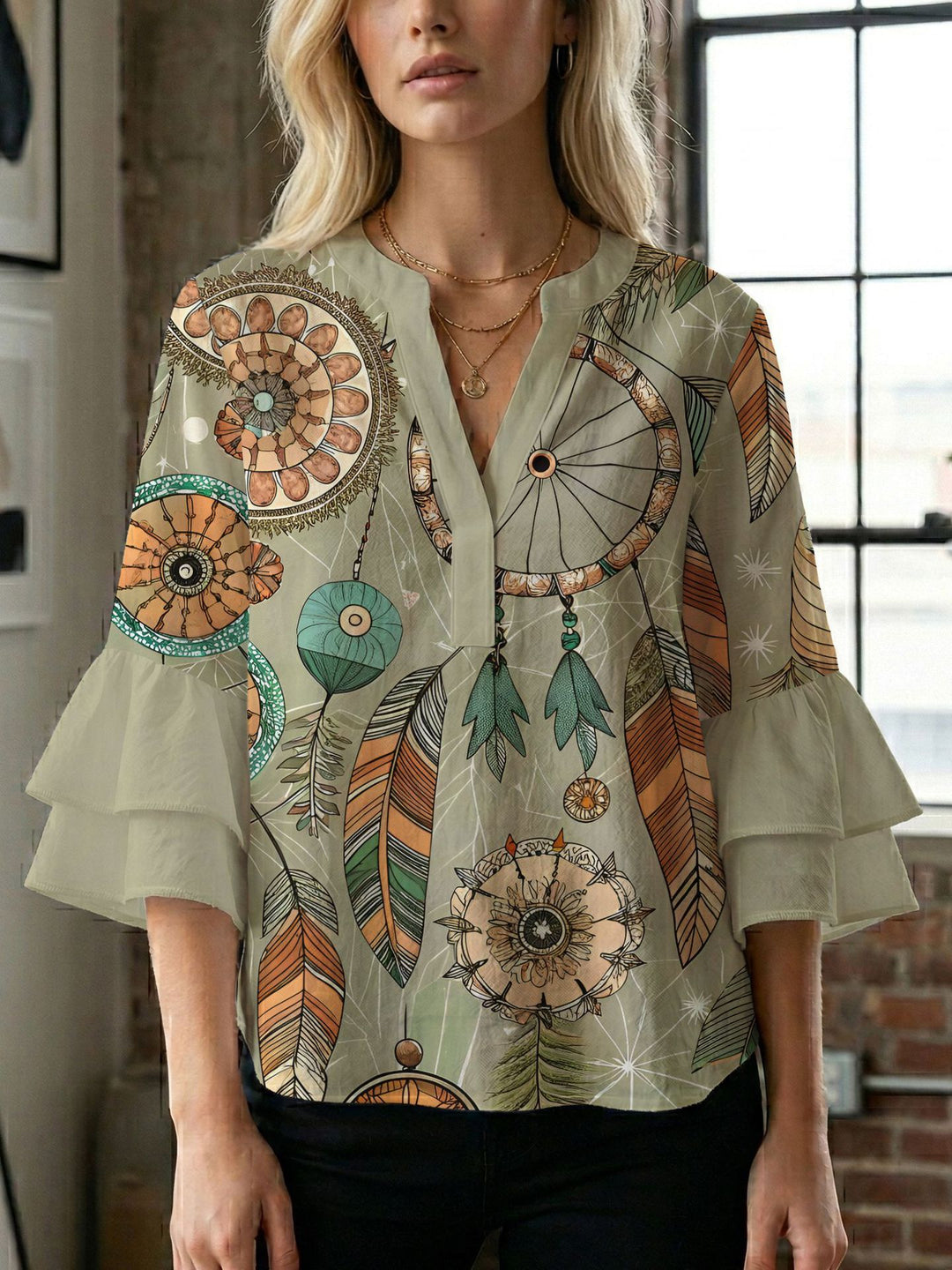 Damen Blusenshirt mit voluminösen Ärmeln und kreativem Druckdesign R&B