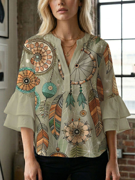 Damen Blusenshirt mit voluminösen Ärmeln und kreativem Druckdesign R&B