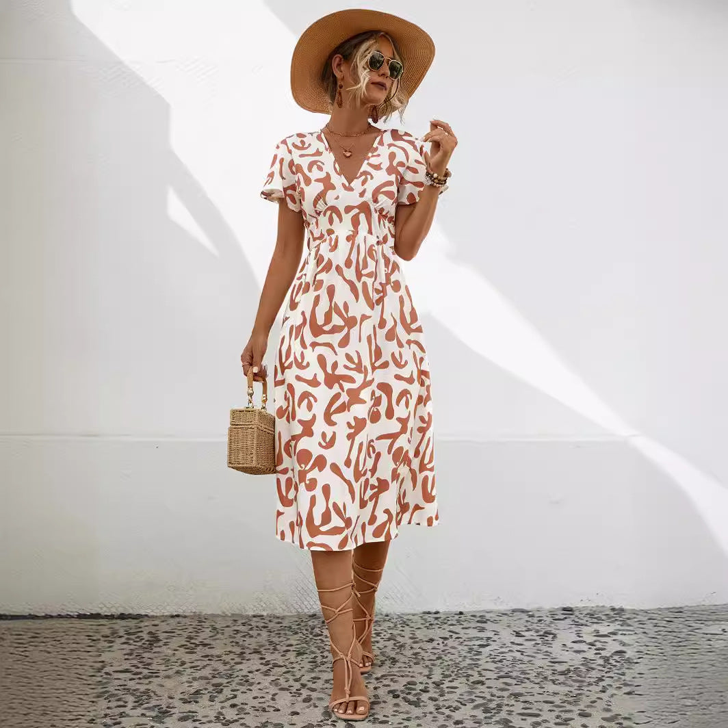 Damen Midi-Kleid mit V-Ausschnitt und fließenden Rüschendetails R&B