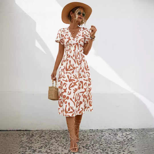 Damen Midi-Kleid mit V-Ausschnitt und fließenden Rüschendetails R&B