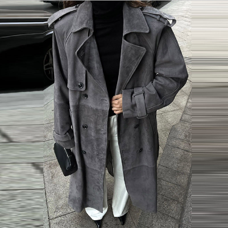 Damen Eleganter Long-Trenchcoat aus weichem Wildleder R&B