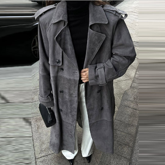 Damen Eleganter Long-Trenchcoat aus weichem Wildleder R&B