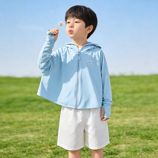 Unisex Nan Kids hoch UPF bewertete Kapuzen-Sonnen-Schutzjacke mit Reißverschluss-Gesichtsschutz und Pferdeschwanzöffnung R&B