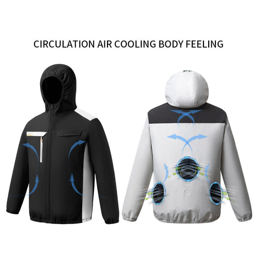 Herren nan belüftete Kühljacke mit mehreren integrierten USB-Lüftern, verstellbarer Kapuze und winddichtem Material R&B