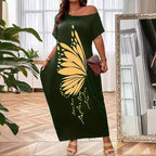 Damen Maxikleid mit XXL Schmetterlings-Motiv und schulterfreiem Design R&B