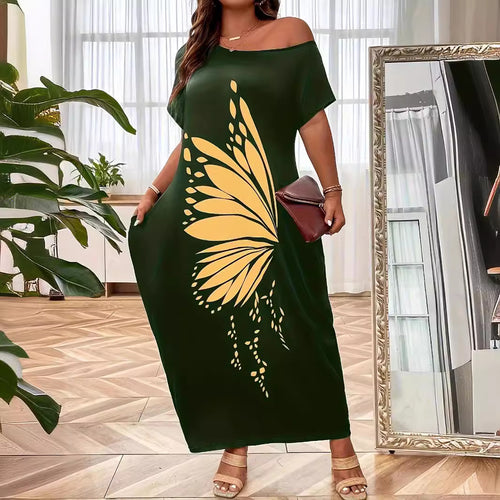 Damen Maxikleid mit XXL Schmetterlings-Motiv und schulterfreiem Design R&B