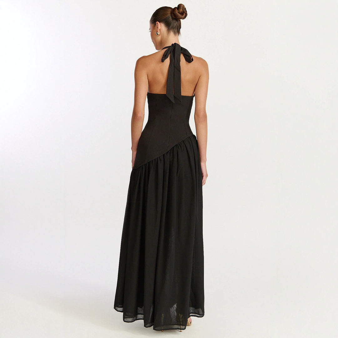Damen Maxikleid mit tiefem V-Ausschnitt und asymmetrischem Rock R&B